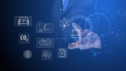 Cg symbols related to the problem of decarbonization of life on the planet against the background of a person extending his hand to them and electrons in an AI microchip. Blue correction