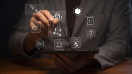 Cg global business symbols with blockchain technology in the financial sector against the background of a man with a graphics tablet