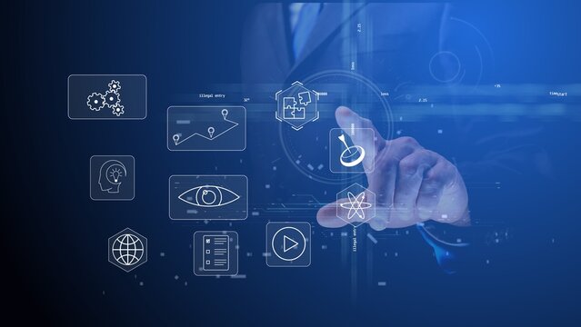 Cg symbols of a new idea of a global business with blockchain technology in the nuclear sector against the background of a person pointing at them with his hand and rays with electrons from an AI chip
