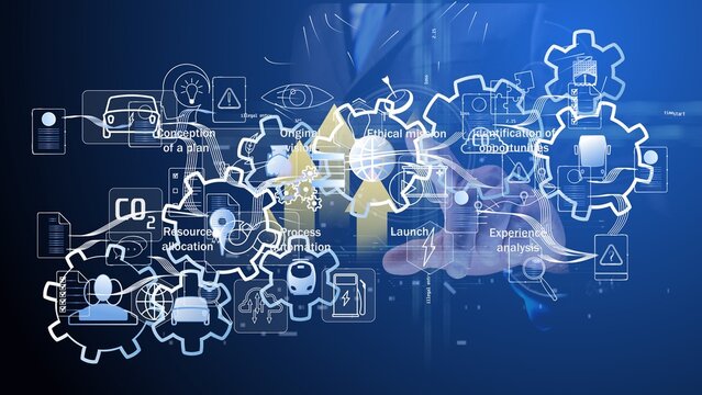 Businessman pointing at chaos of digital symbols. AI failure concept. Cg