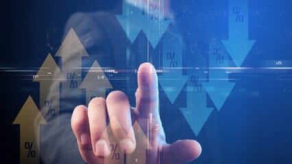 A man touches a transparent screen on which a world map is displayed on which blue and yellow arrows with percent signs and a coordinate system symbol and words on it are moving towards. Cg