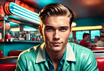 Stylish young Caucasian man in a retro diner setting, evoking 1950s nostalgia and fashion, ideal for themes of Americana and vintage lifestyle