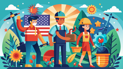 Labor Day Celebration - American Workers, Patriotic Theme, Professional Diversity