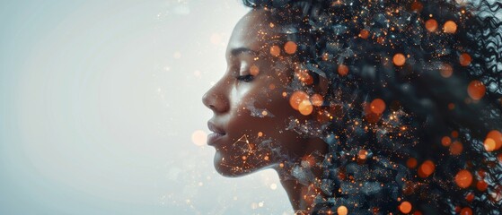 A double exposure of a South American womans profile with AI data intricacy and holographic marketing visualizations, captured with a bokeh lens, - obrazy, fototapety, plakaty