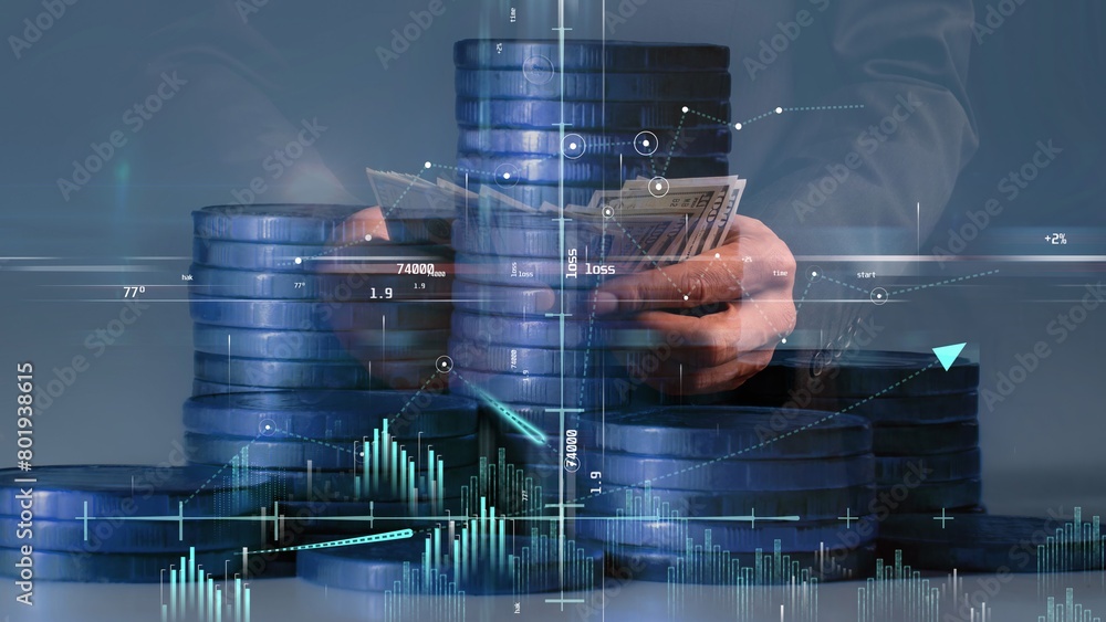 Poster columns of coins with graphs and a coordinate system in blue against the background of hands countin