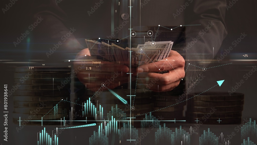 Poster profitability graphs and coordinate system against the backdrop of hands counting dollar bills and a