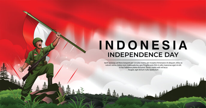 Indonesia Independence day or Hero's Day banner design with hero holding a red white flag illustration