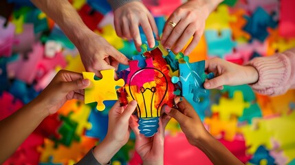 Hands Assembling Colorful Puzzle to Form Light Bulb Depicting Collective Creativity in Business