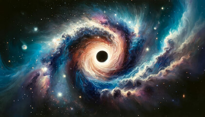 Majestic digital artwork of a swirling galaxy with a black hole center, ideal for concepts like space exploration and STEM education initiatives