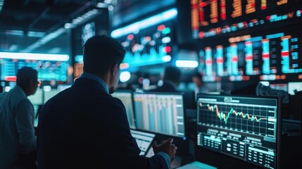 Stock market trading floor with traders and screens