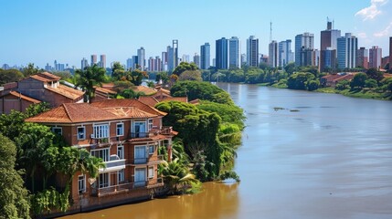 AsunciÃ³n skyline, Paraguay, riverside city with historic charm, --ar 16:9 --stylize 250 Job ID:...