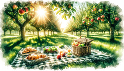 Idyllic summer picnic scene with fresh fruits and pastries on a checkered blanket in an apple orchard, evoking leisure and National Picnic Month