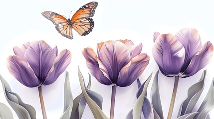 Ethereal Tulip Blossoms with Graceful Butterfly in Flight