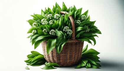 Wicker basket overflowing with lush wild garlic leaves and white blossoms, ideal for springtime decorations and Easter holiday concepts