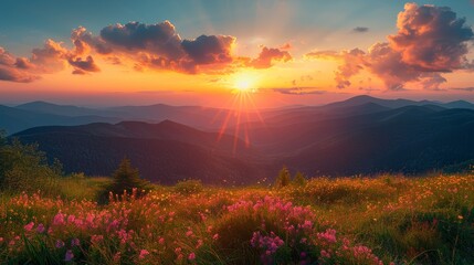 Stunning summer sunrise scene showcasing vibrant wildflowers and lush greenery in the Carpathian Mountains under a dramatic sky.