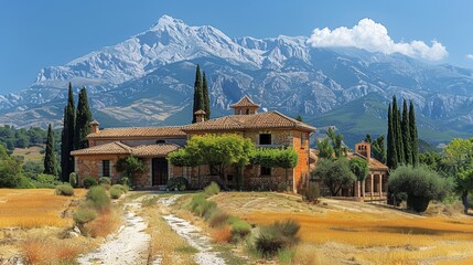Rustic stone farmhouse in Alhambra with the spectacular Sierra Nevada Mountains in the background, underscored by clear blue skies and lush greenery. - obrazy, fototapety, plakaty