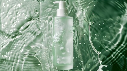 Bottle of Facial Cleanser Mousse Floating on Green Water with White Foam