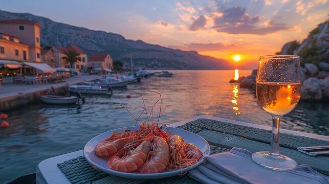 Sunset by the harbor while enjoying a seafood dinner in Vrbnik. This scene highlights a romantic dining setup with a wine glass reflecting the solar glory.