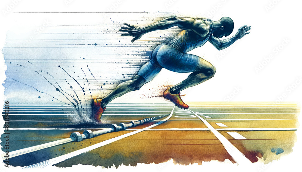 Poster dynamic illustration of a sprinter at the starting blocks on a track field, symbolizing concepts lik