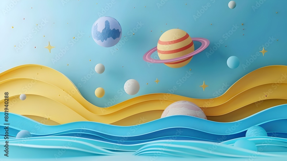 Poster minimalist papercraft space design with planets and celestial objects