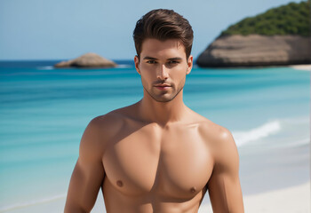 Attractive young male model posing shirtless on a tropical beach, embodying summer vacations and men's health and fitness concepts