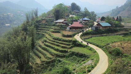 Hills, mountain, terraced fields and traditional houses in Sapa town, lao Cai province, Vietnam in...