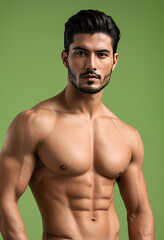 Fototapeta premium Handsome muscular man with beard posing shirtless on green background, ideal for fashion, fitness, and grooming-related content