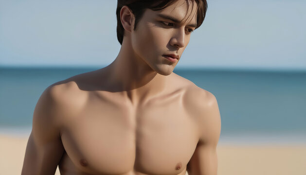 Handsome young Asian man shirtless on beachside, encapsulating summer vibes, fitness, and youthful allure, ideal for travel campaigns and health awareness initiatives