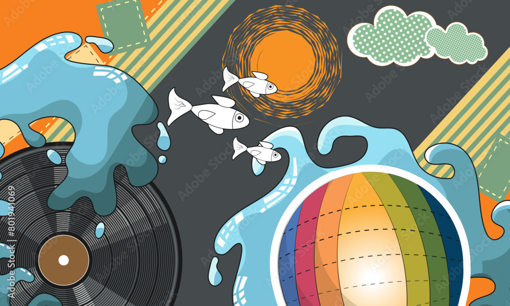Aufkleber a surreal style collage with chaotically placed animate and inanimate objects on a textured backgrou