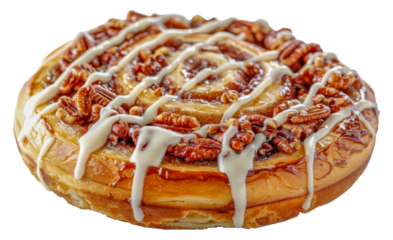 Apple cinnamon roll topped with white icing, cut out - stock png.