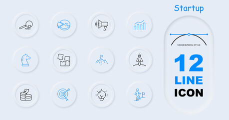 Startup icon set. Loudspeaker, magnifying glass, statistics, graphs, rocket, percentage, neomorphism, path to goal, strategy, saving money, puzzle, task, right on target. Commercial project concept.