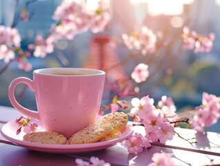8-Hour Study Session: Pink Coffee Cup, Cookies, Sakura Scene