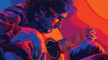 Handsome man playing guitar closeup Vector illustration
