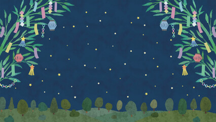 七夕の水彩画風イラスト背景　星空と笹と七夕飾りの風景
