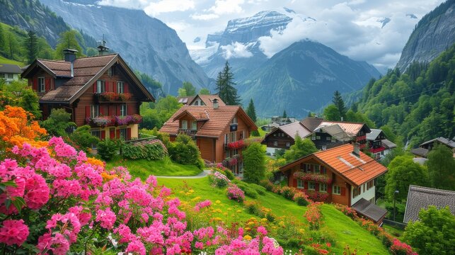 Discover the picturesque Wengen village in summer, adorned with vibrant flowers and traditional Swiss chalets set against a backdrop of soaring Alpine peaks.
