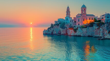 Striking image captures a tranquil sunset over Vieste, Italy, showcasing glowing waterfront buildings and serene sea.