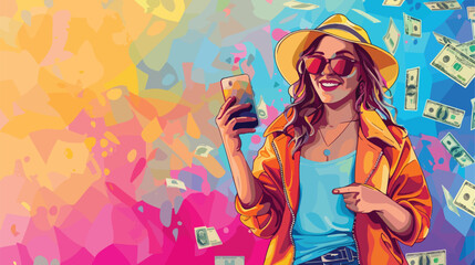 Beautiful woman with mobile phone and money on color