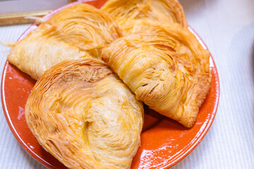 Typical food in center Portugal: Pastel de Molho da Covilhã, a filo pastry stuffed with ground...