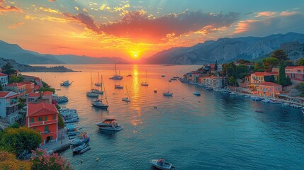 Sunset over Poros town, featuring a scenic view of vibrant buildings, calm waters, and moored boats under a golden sky.