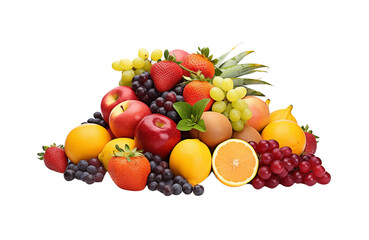 An assortment of fresh fruits, including berries, citrus, and grapes, arranged neatly against a transparent background. Generative AI