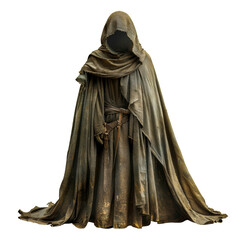 Mysterious gold cloaked figure with hidden face, cut out - stock png.