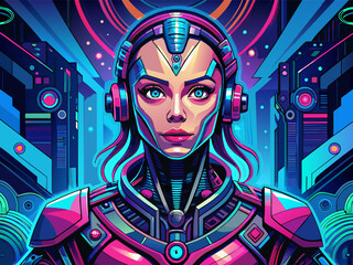 Cyborg girl with headphones. Vector illustration of a cyborg girl in futuristic style.