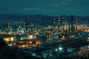 Obraz premium A nighttime view of illuminated pipelines at an oil refinery.