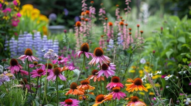 A garden filled with wildflowers of all shapes and sizes creating a charming and chaotic scene of pollinator paradise..