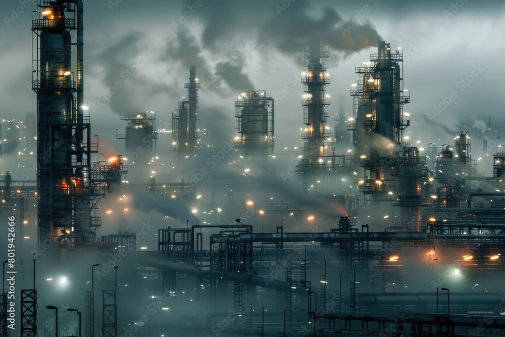 Poster a nighttime view of illuminated pipelines at an oil refinery.