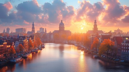 Amsterdam during autumn with a scenic sunrise illuminating the cityscape and vibrant fall trees along the historic canals.