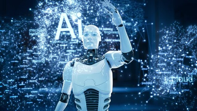 Futuristic Humanoid AI Robot Engages in Advanced Machine Learning and Data Analysis, Utilizing Cloud Computing and Neural Networks in a High-Tech Virtual Environment