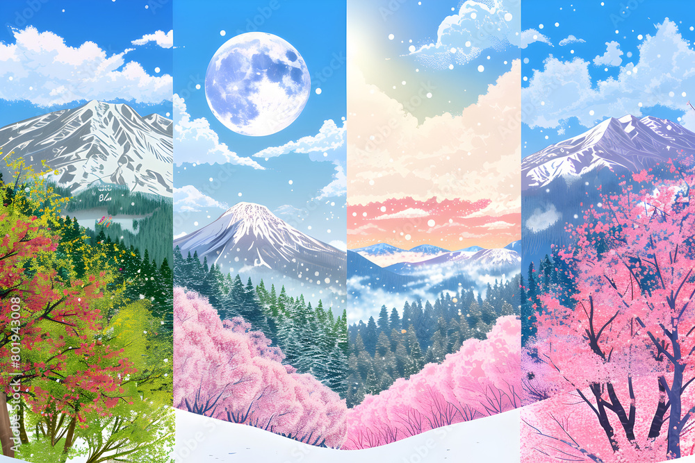 Poster the image is a beautiful representation of the four seasons, with each season depicted in a differen