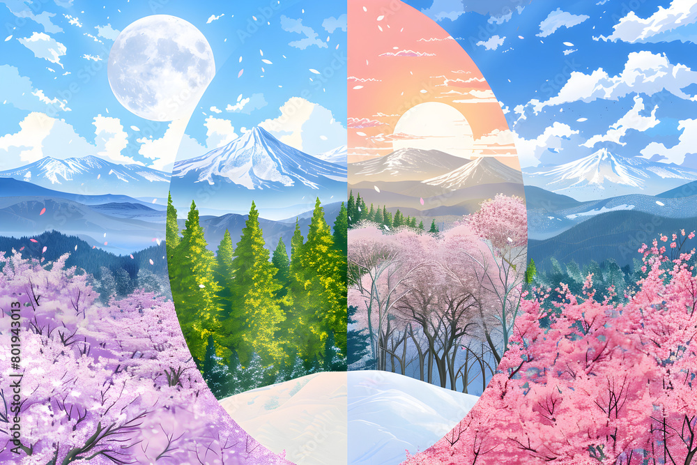 Poster the image is a beautiful representation of the four seasons, with each season depicted in a differen
