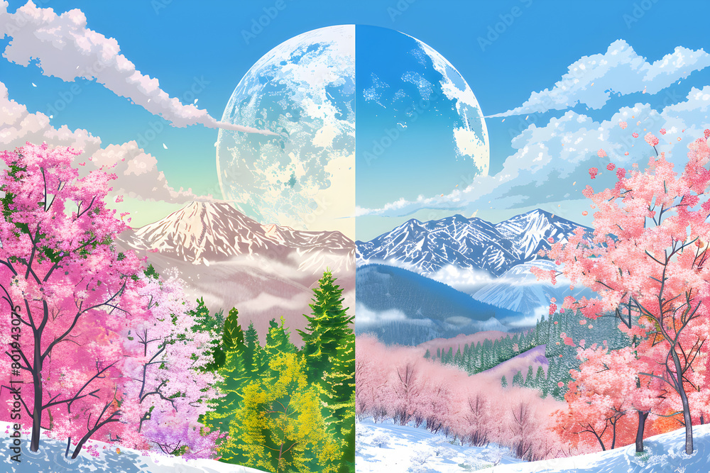 Poster the image is a beautiful representation of the four seasons, with each season depicted in a differen